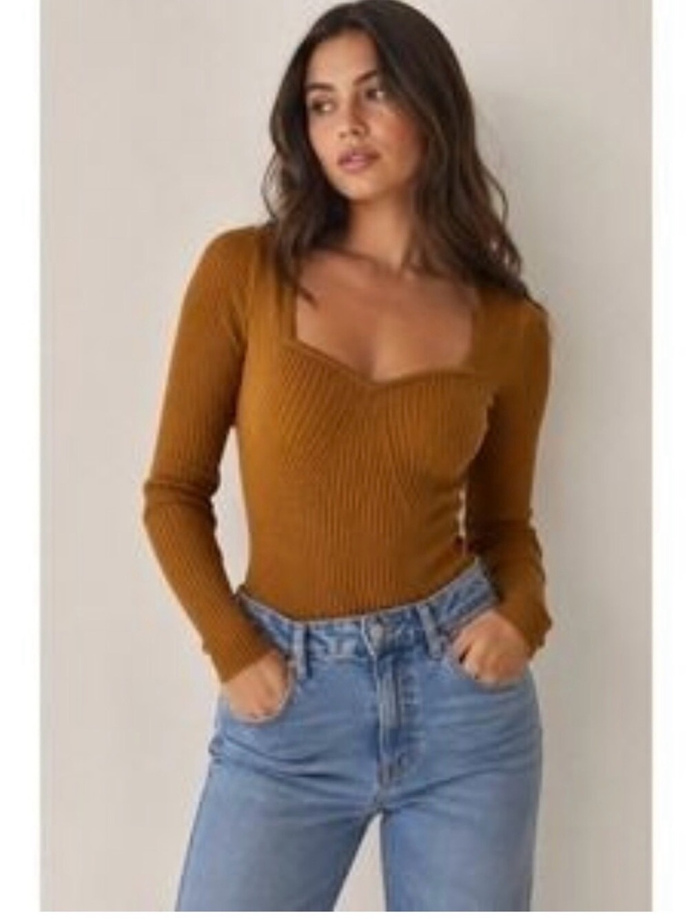 Abercrombie & Fitch size Small Ribbed Square-Neck Long Sleeve Top - camel Brown
